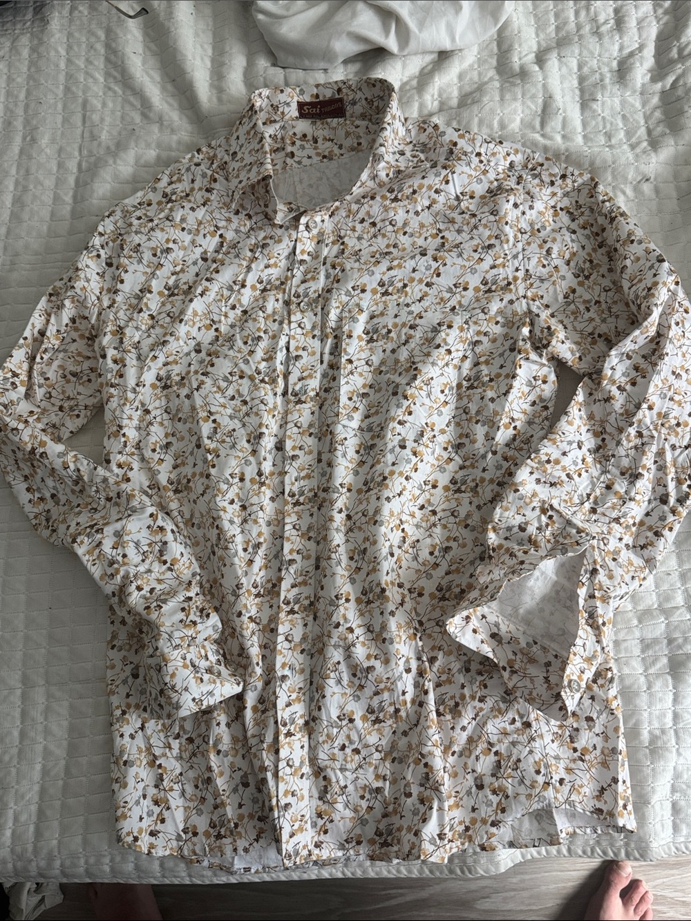 Men's White Floral Button-Down Shirt with Tan Floral Print